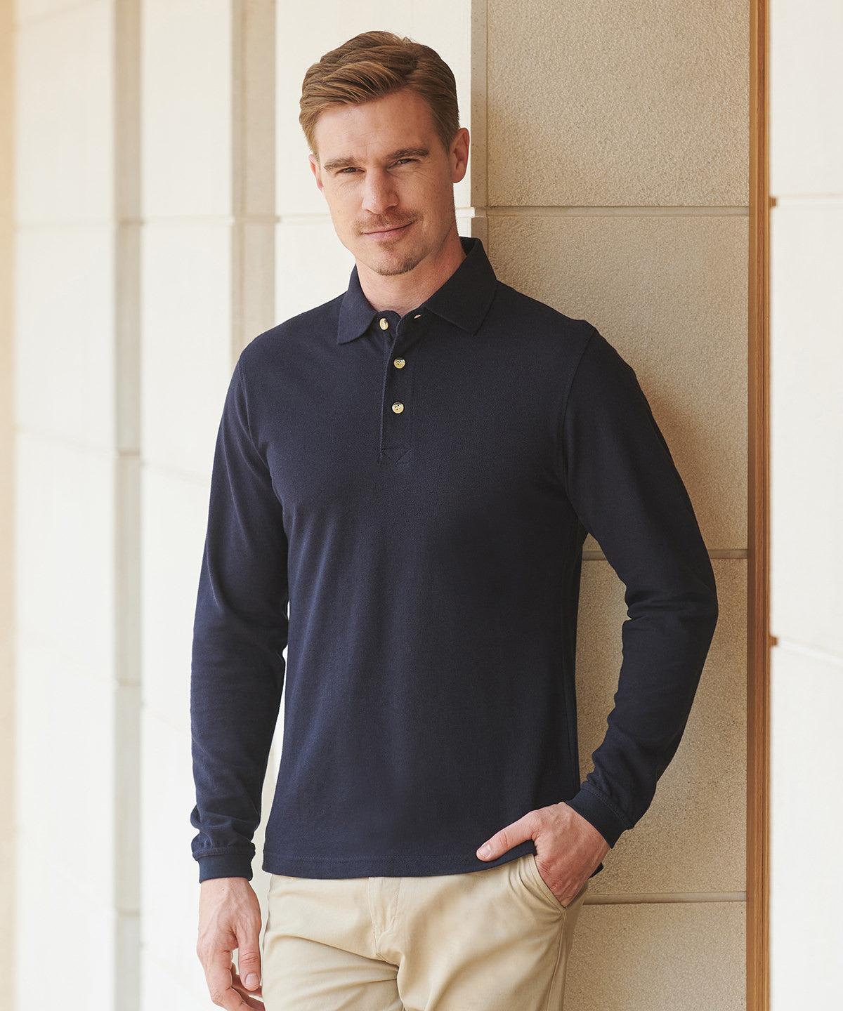 Henbury - Long sleeve cotton polo shirt